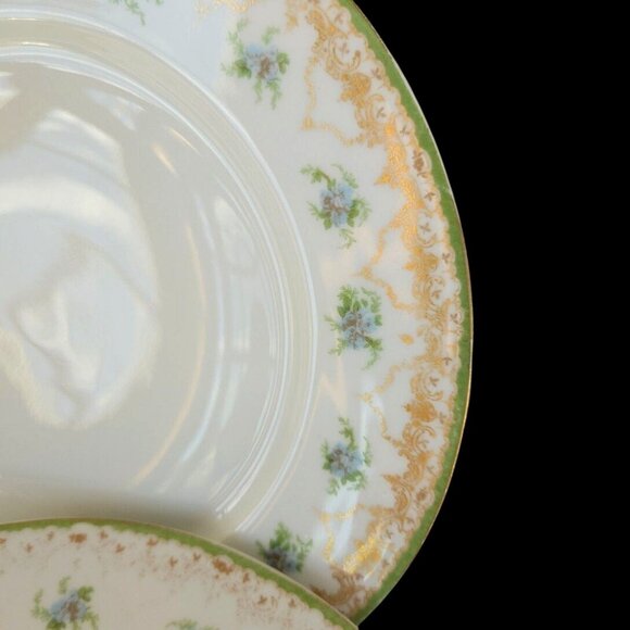 Antique Pouyat Limoges France Salad Plates Set of 4 – Floral Gold Green Rim - Picture 2 of 9